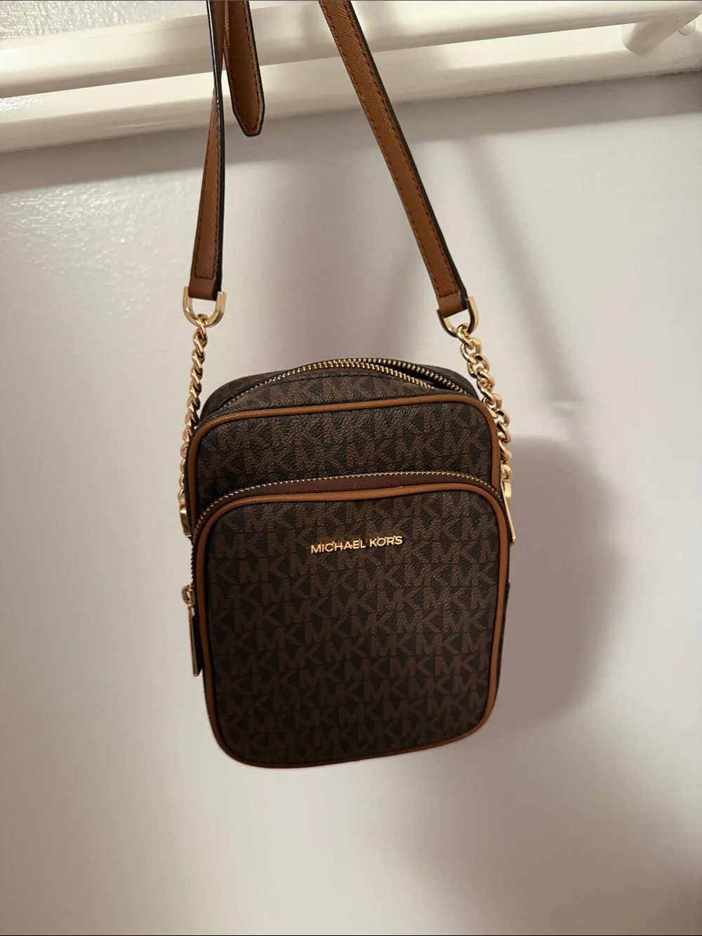 Michael Kors Dark Brown Monogram Leather-Trim Crossbody with Gold Hardware